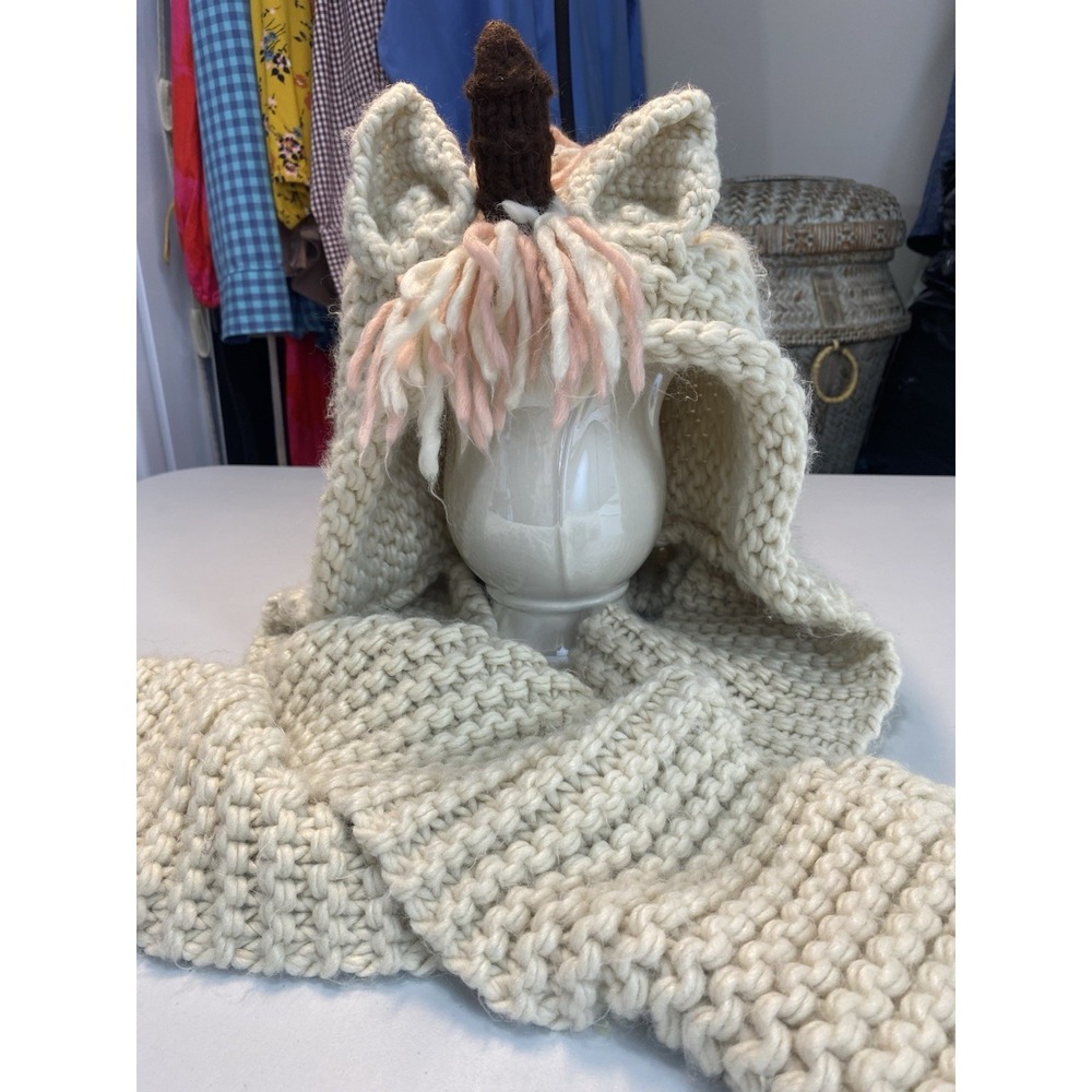 Unicorn Knit Hat Scarf Pockets Gloves Ivory Pink Silver Handmade Adult Soft Warm